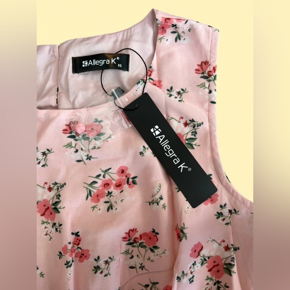 Allegra K Pink Floral Sleeveless Midi Dress XS | Smocked Waist - New With Tags - Picture 4 of 10
